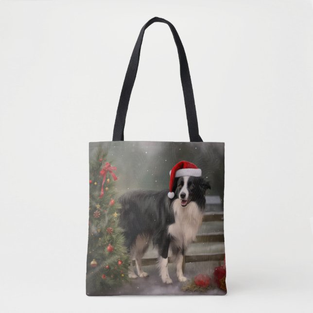 Border Collie Dog in Snow Christmas Tote Bag (Front)