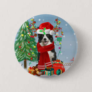 Border Collie dog in Snow with Christmas gifts 6 Cm Round Badge