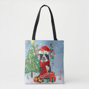 Border Collie dog in Snow with Christmas gifts Tote Bag