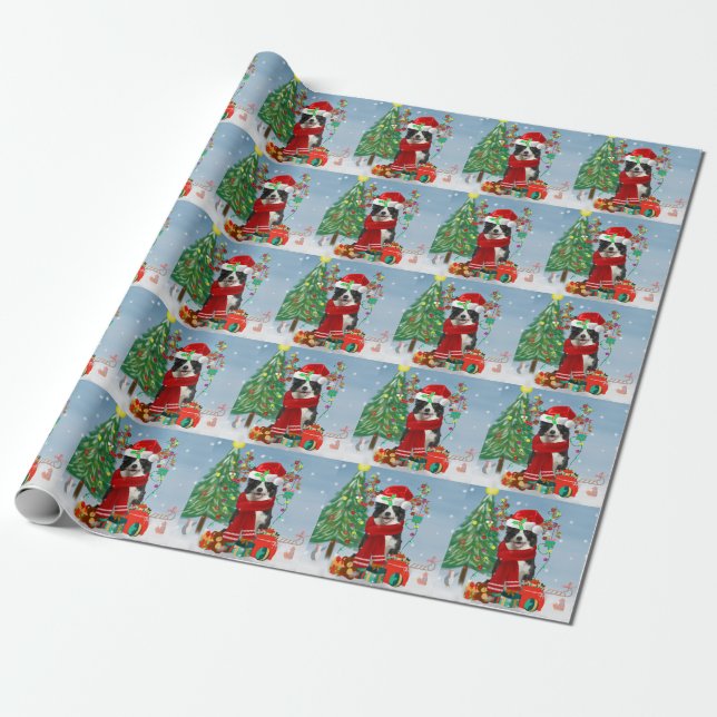 Border Collie dog  in Snow with Christmas gifts  Wrapping Paper (Unrolled)