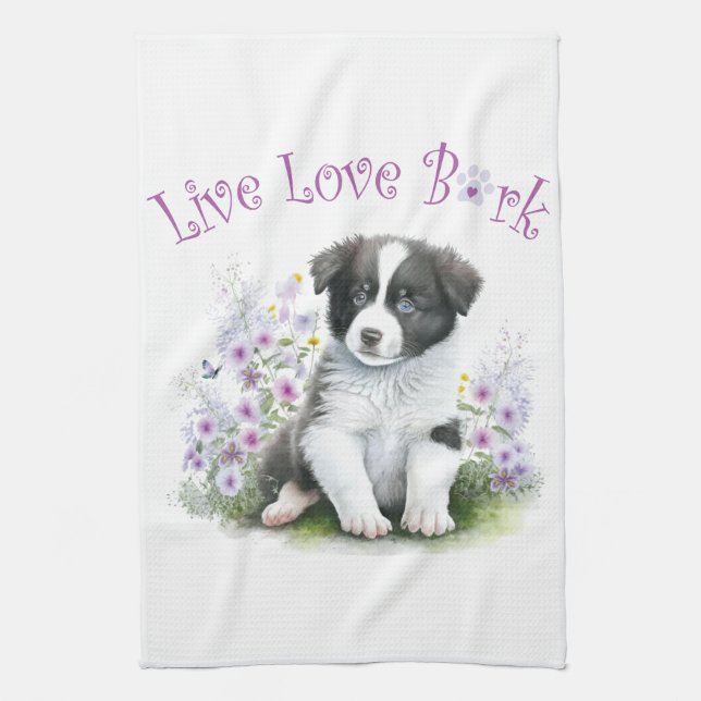 Border Collie Dog Mum Floral Tea Towel (Vertical)
