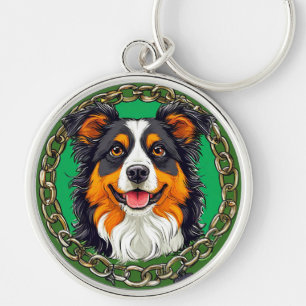 Border collie dog on a green background with chain key ring