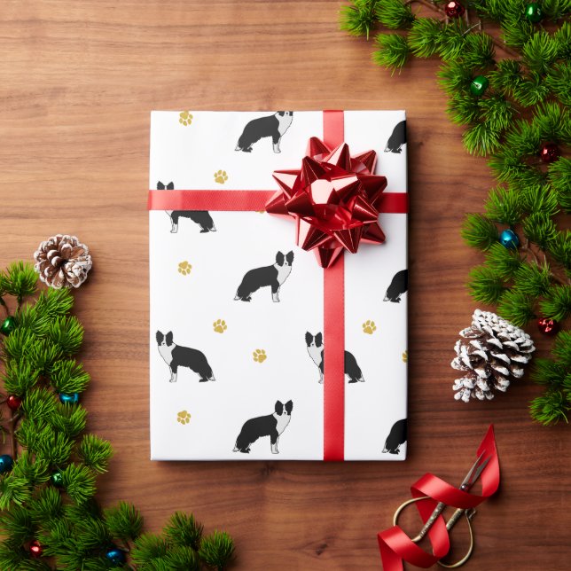 Border Collie Dog Pattern Abstract Drawing White Wrapping Paper (Holiday Gift)