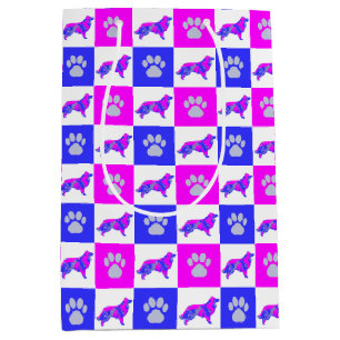 Border Collie Dog & Paw Hot Pink & Blue Medium Gift Bag