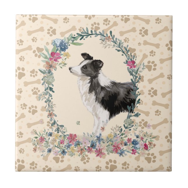 Border Collie Dog Paw Print Floral Cute Beige Tile (Front)