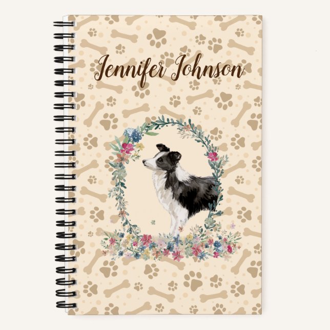Border Collie Dog Paw Print & Floral Cute Notebook (Front)