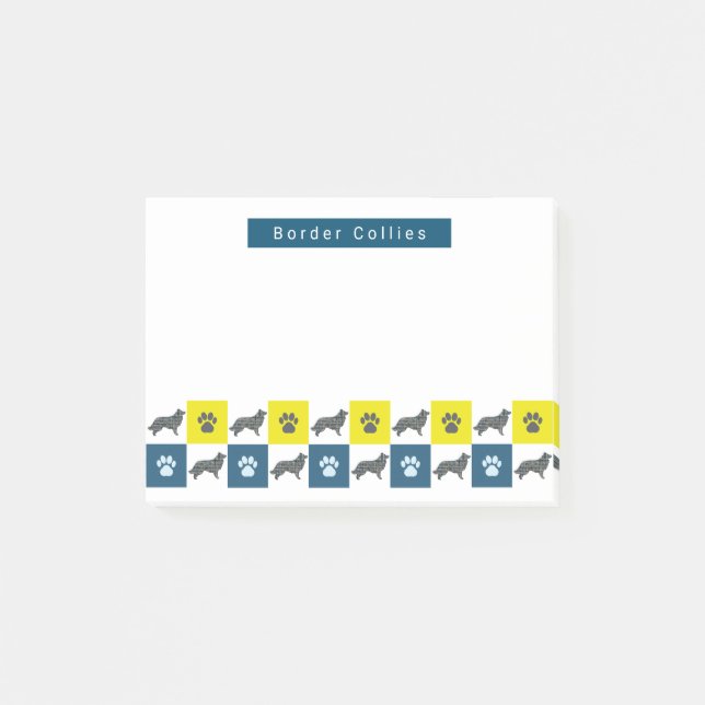 Border Collie Dog & Paw Yellow & Blue Grid Lines Post-it Notes (Front)