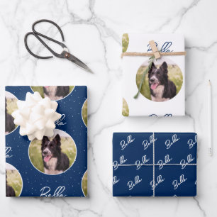 Border Collie Dog Photo Trendy Script Pet Name  Wrapping Paper Sheet