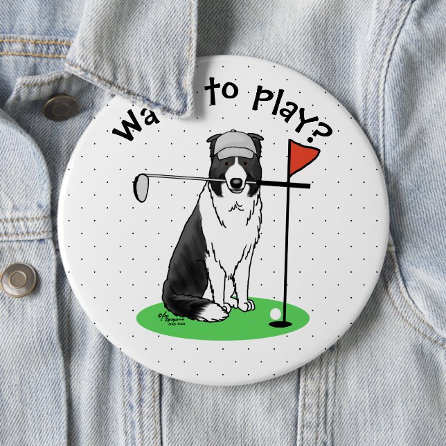 Border Collie Dog Playing Golf (black & white) Fun 6 Cm Round Badge (In Situ)
