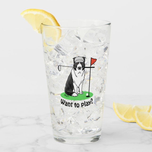 Border Collie Dog Playing Golf (black & white) Fun Glass (Front Ice)
