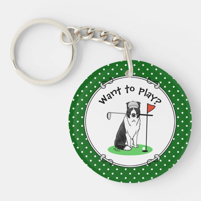 Border Collie Dog Playing Golf (black & white) Fun Key Ring (Front)