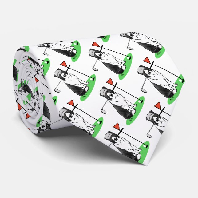 Border Collie Dog Playing Golf (black & white) Fun Tie (Rolled)