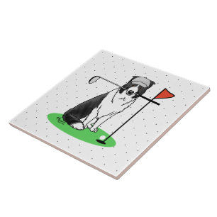 Border Collie Dog Playing Golf (black & white) Fun Tile
