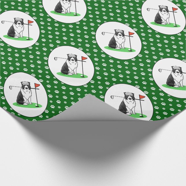 Border Collie Dog Playing Golf (black & white) Fun Wrapping Paper (Corner)