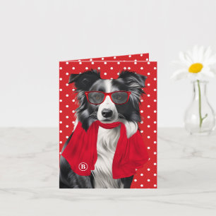 Border Collie Dog Red Polka Dot Monogrammed Card