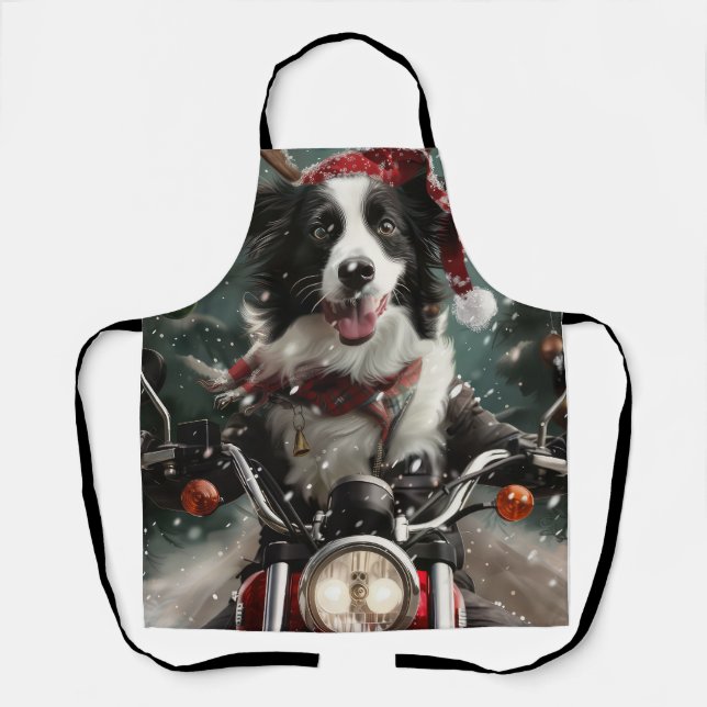 Border Collie Dog Riding Motorcycle Christmas  Apron (Front)