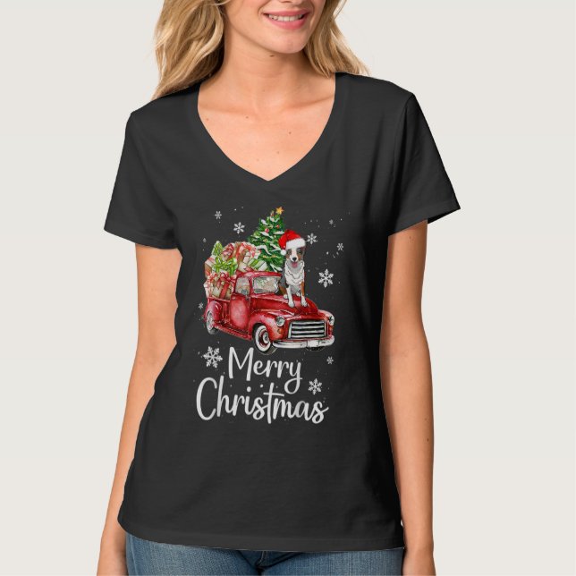 Border Collie Dog Riding Red Truck Christmas Tree  T-Shirt (Front)