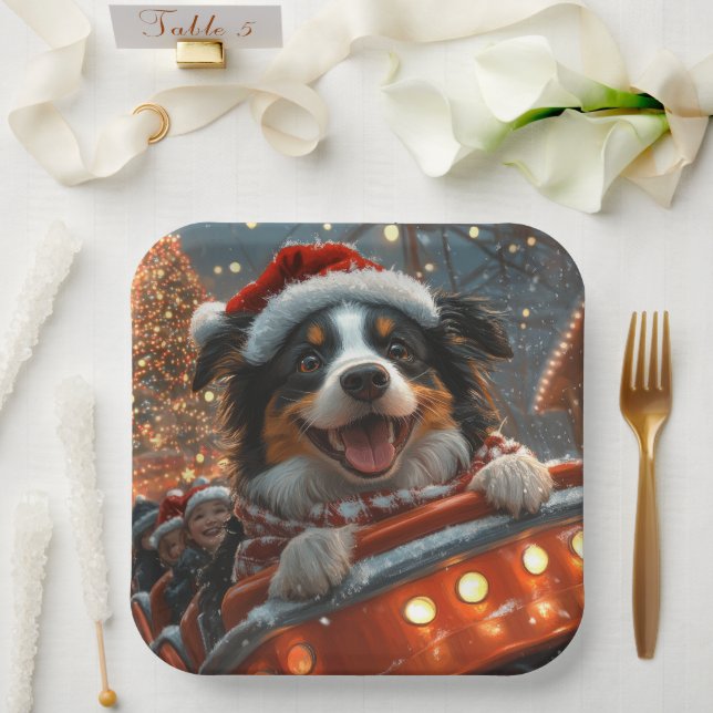 Border Collie Dog Roller Coaster Christmas Paper Plate (Wedding)