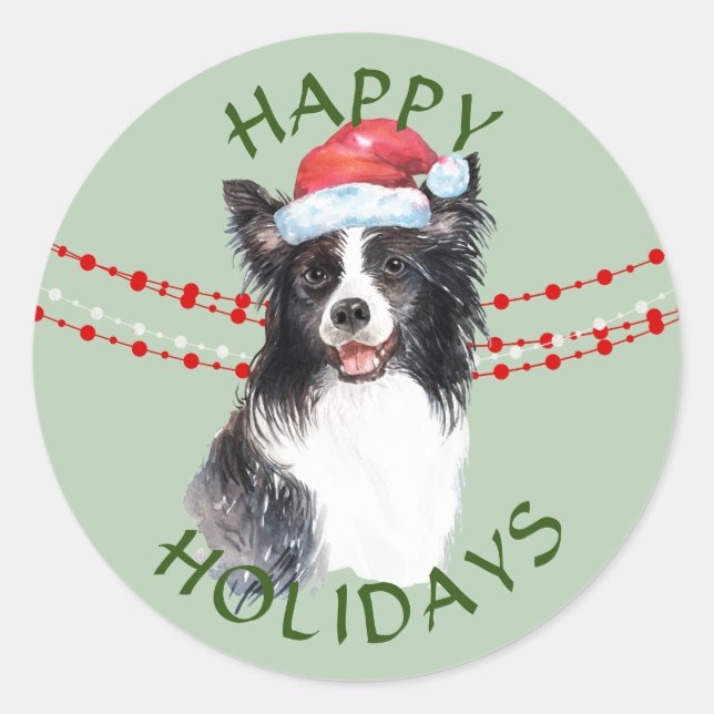 Border Collie Dog Santa Hat Happy Holidays Classic Round Sticker (Front)