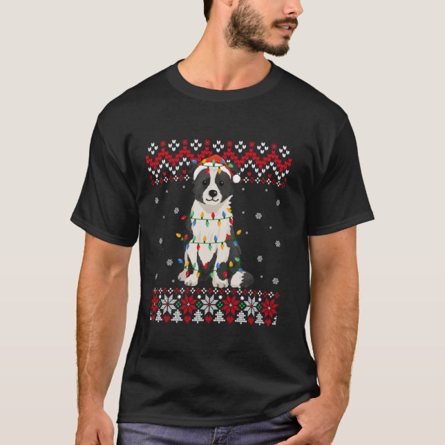 Border Collie Dog Santa Hat Men Kids Ugly Christma T-Shirt (Front)