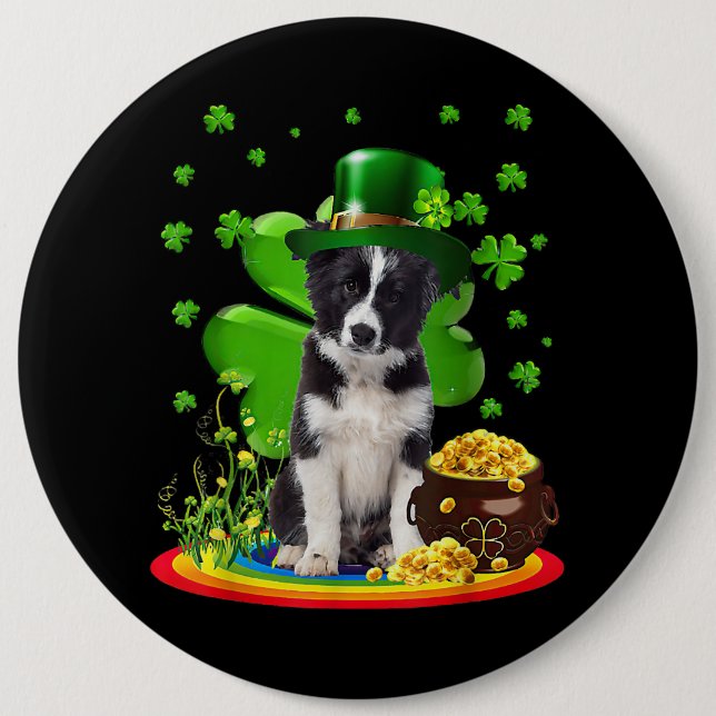 Border Collie Dog Shamrock St Patricks Day Dog Iri 6 Cm Round Badge (Front)