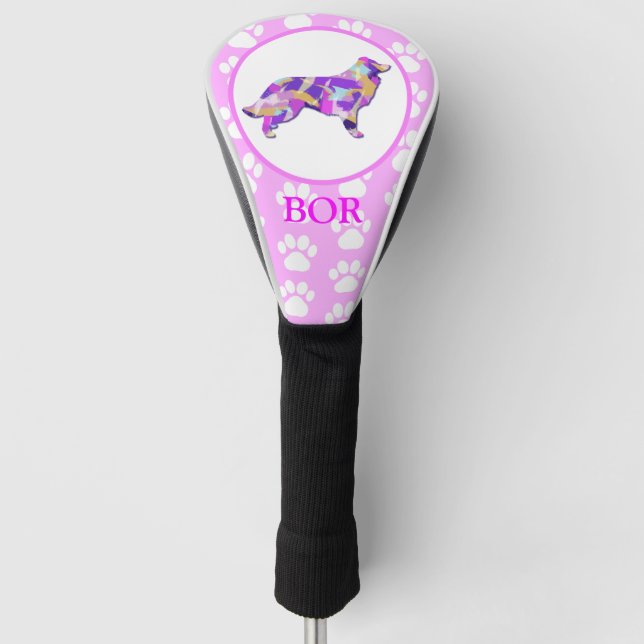 Border Collie Dog Silhouette Paw Pink PY&B Golf Head Cover (Front)