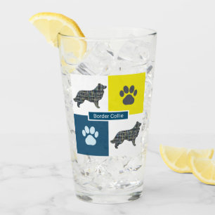Border Collie Dog Silhouette & Paw Y&B Grid Glass