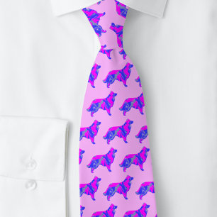 Border Collie Dog Silhouette Pink&Blue Pink Tie