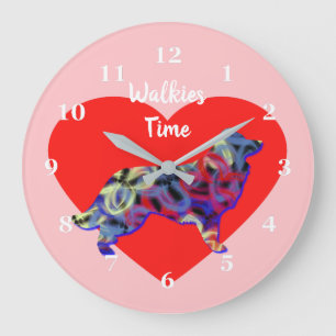 Border Collie Dog Silhouette Valentine’s Day Pink Large Clock