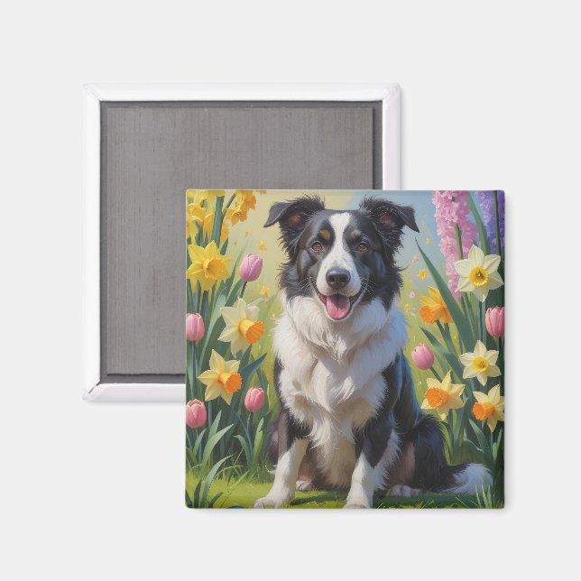 Border Collie Dog Spring Flowers Painting Magnet (Front/Back)