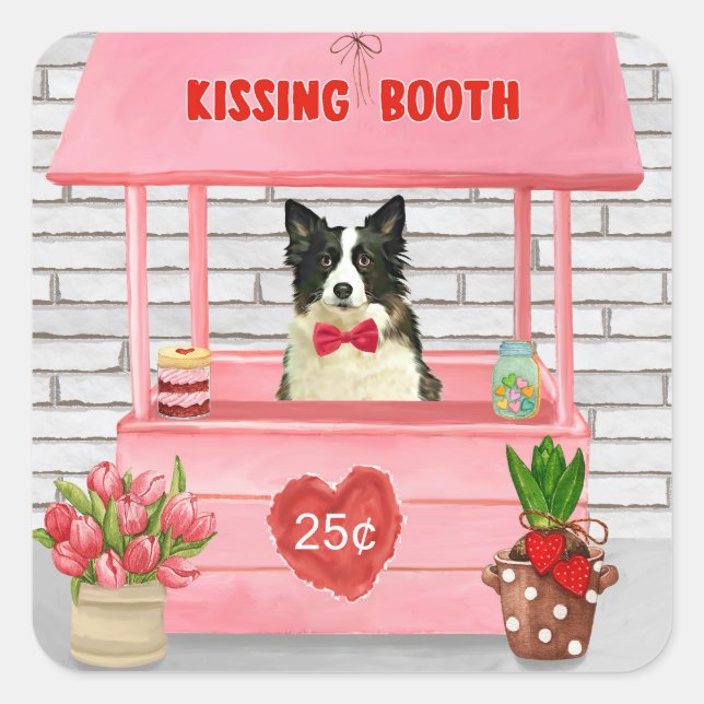 Border Collie Dog Valentine's Day Kissing Booth  Square Sticker (Front)