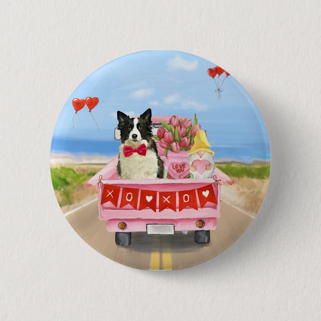 Border Collie Dog Valentine's Day Truck Hearts  6 Cm Round Badge (Front)