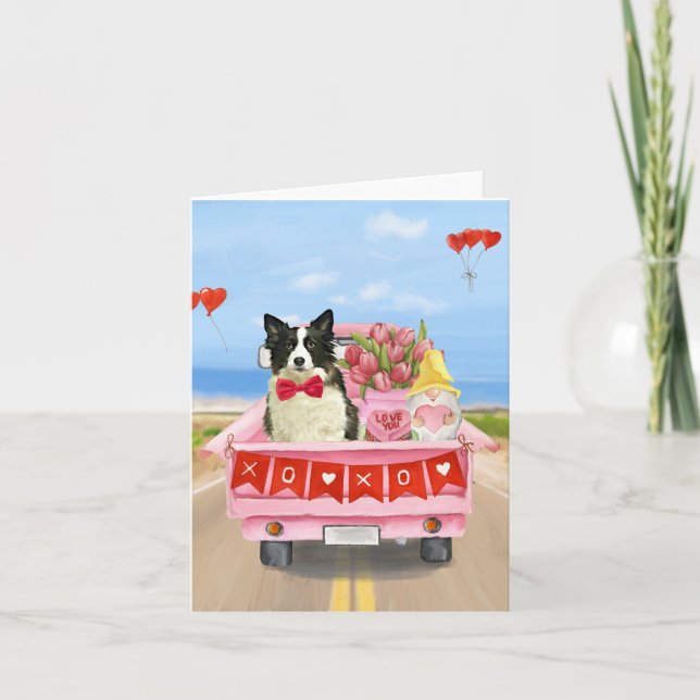 Border Collie Dog Valentine's Day Truck Hearts Card (Front)
