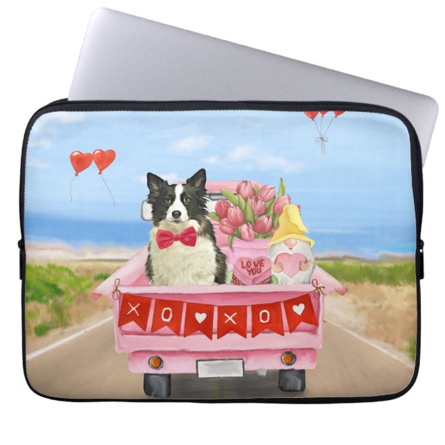 Border Collie Dog Valentine's Day Truck Hearts Laptop Sleeve (Front)