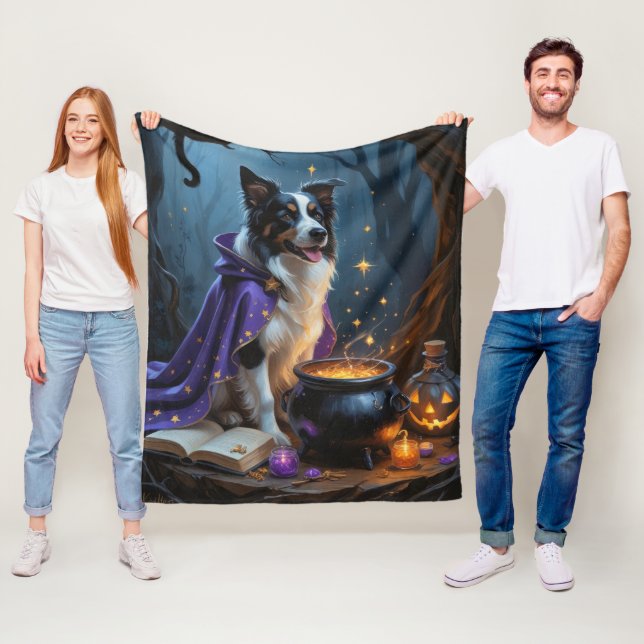 Border Collie Dog Whimsical Halloween Painting Fleece Blanket (In Situ)