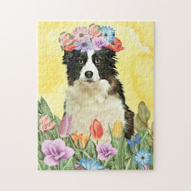 Border Collie Dog with Flowers Spring Jigsaw Puzzle (Vertical)