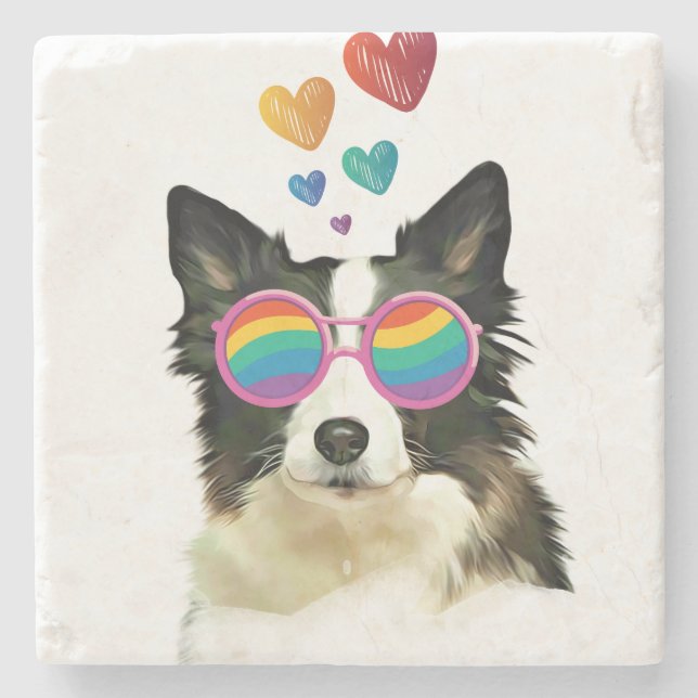 Border Collie  Dog with Hearts Valentine's Day  Stone Coaster (Front)