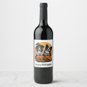 Border Collie Dogs Halloween Jack O Lanterns Wine Label