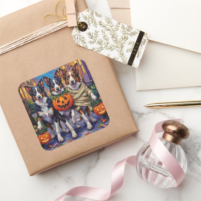 Border Collie Dogs Trick-or-Treating in Halloween  Square Sticker (Gifting)
