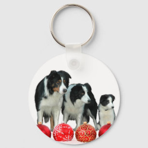 Border Collie Dogs with Red Christmas Ornaments Key Ring