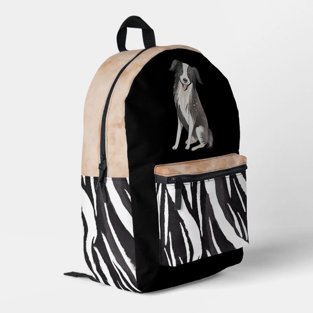Border Collie Drawing Dog Black White Fur Pattern Printed Backpack (Back Corner Left)