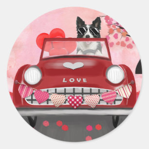 Border Collie Driving Car with Hearts Valentine's  Classic Round Sticker