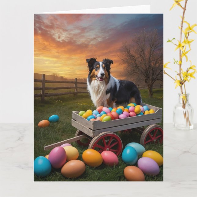 Border Collie Easter Eggs Card (Yellow Flower)