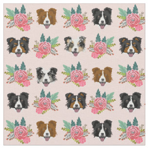Border Collie faces pink florals Fabric