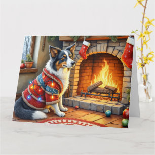 Border Collie Fireplace with Christmas Lights Card