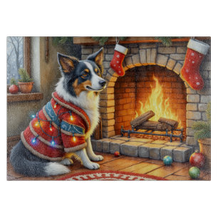 Border Collie Fireplace with Christmas Lights Cutting Board