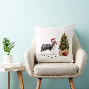 Border Collie Funny Christmas Dog with Tree Cushion