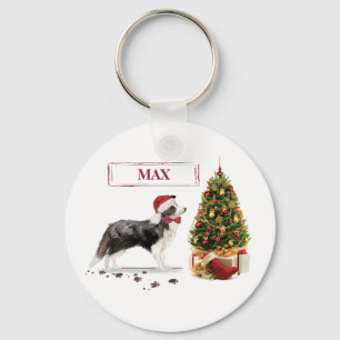 Border Collie Funny Christmas Dog with Tree Key Ring