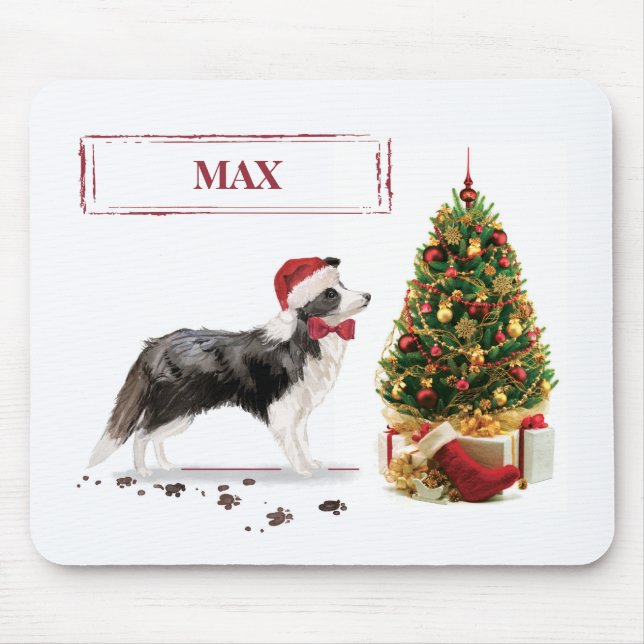 Border Collie Funny Christmas Dog with Tree Mouse Pad (Front)