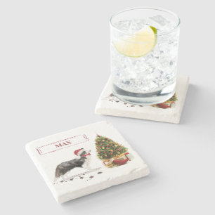 Border Collie Funny Christmas Dog with Tree Stone Coaster